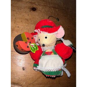 Vintage 1993 Handmade Straw Mouse Christmas Ornament With Watermelon Slice